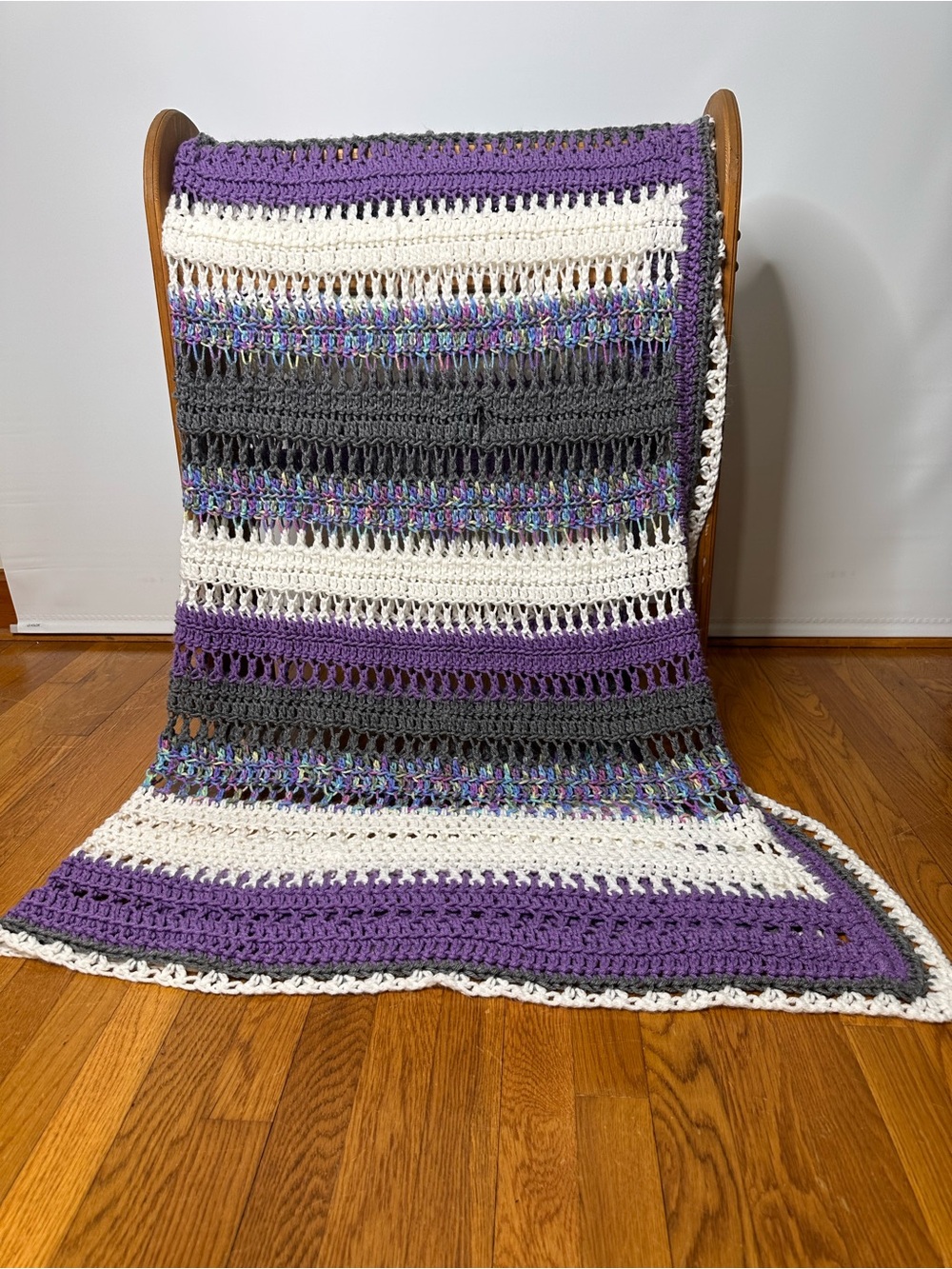 Handmade Crochet Throw Blanket in Purple, Gray, White 56x56